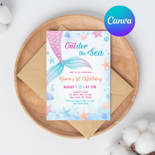 Oneder the Sea Editable Mermaid Birthday Invitation – Canva Template