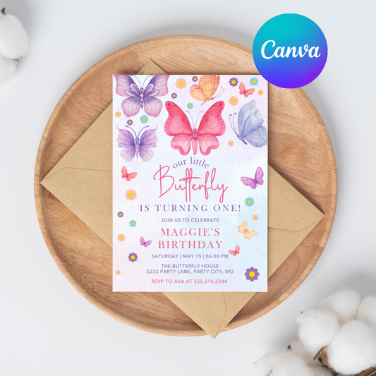 🦋 Editable Butterfly Birthday Invitation | Canva Template | Girl's 1st Birthday Party | Instant Download | Floral Butterfly Invite