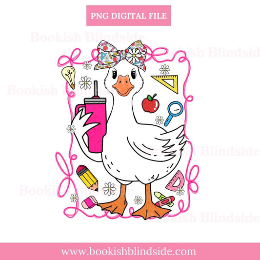 "Cute teacher goose PNG with glasses and pointer – funny school clipart for sublimation, teacher gifts, and classroom crafts"