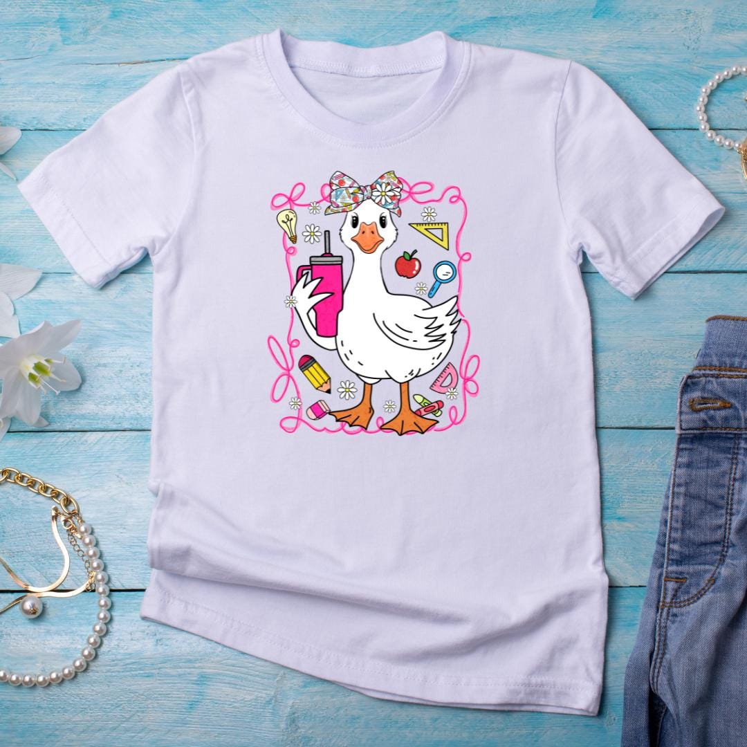 "Cute teacher goose PNG with glasses and pointer – funny school clipart for sublimation, teacher gifts, and classroom crafts"