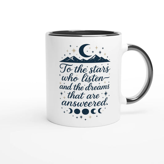 Bookish ACOTAR-inspired mug with quote 'To the stars who listen and the dreams that are answered' in navy with moon phases and stars – fantasy gift for readers"