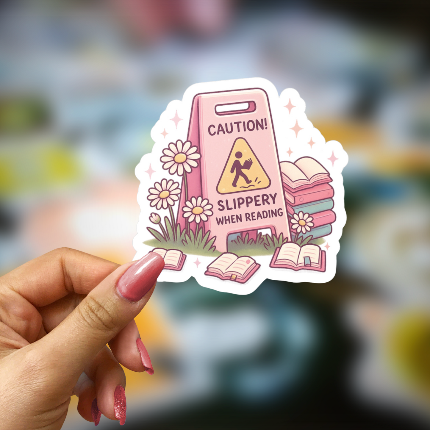 Sticker with a pink warning sign about slipping when reading, held by a hand.