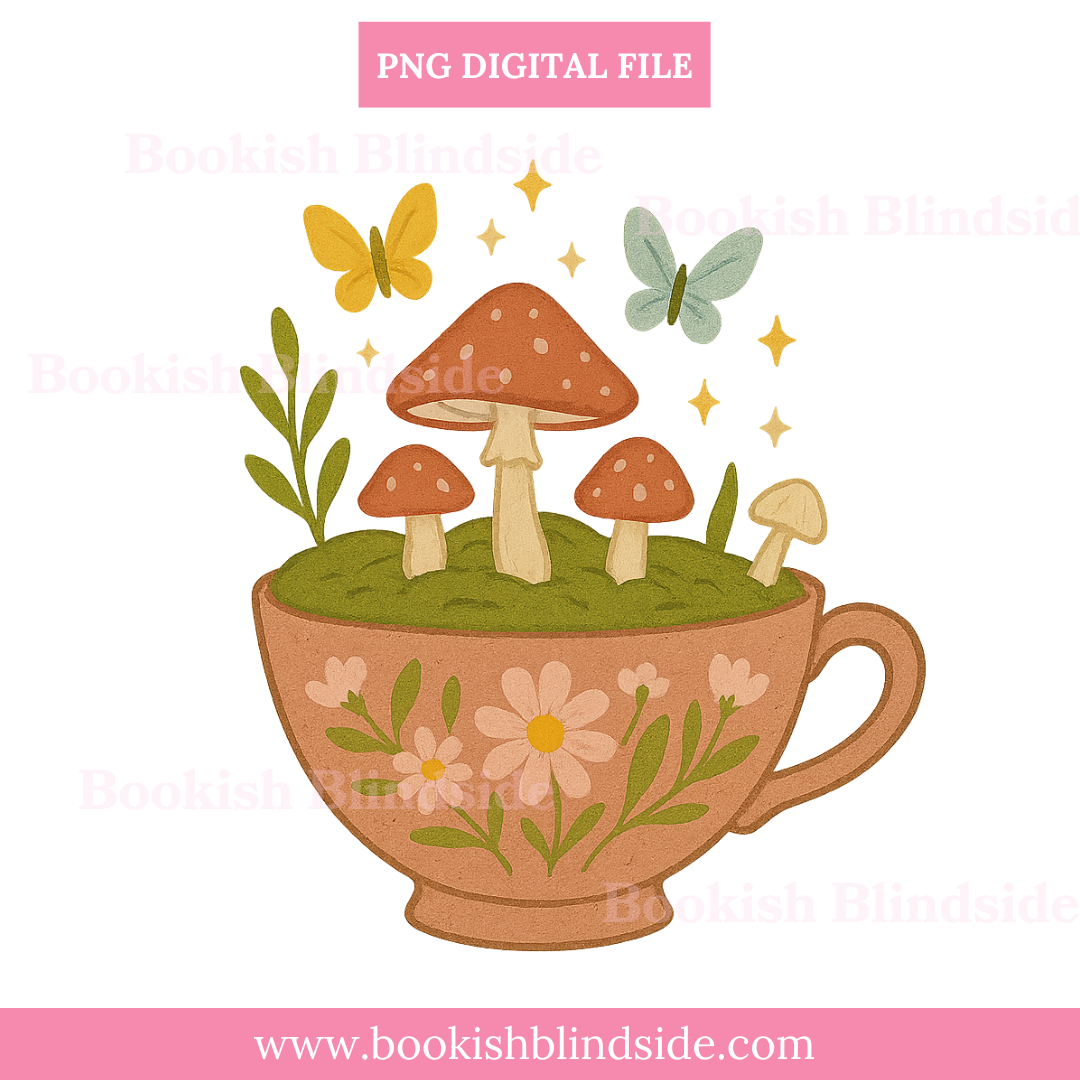 Cute mushroom teacup PNG with red mushrooms, butterflies, and sparkles – cottagecore clipart for stickers, sublimation, and digital crafts