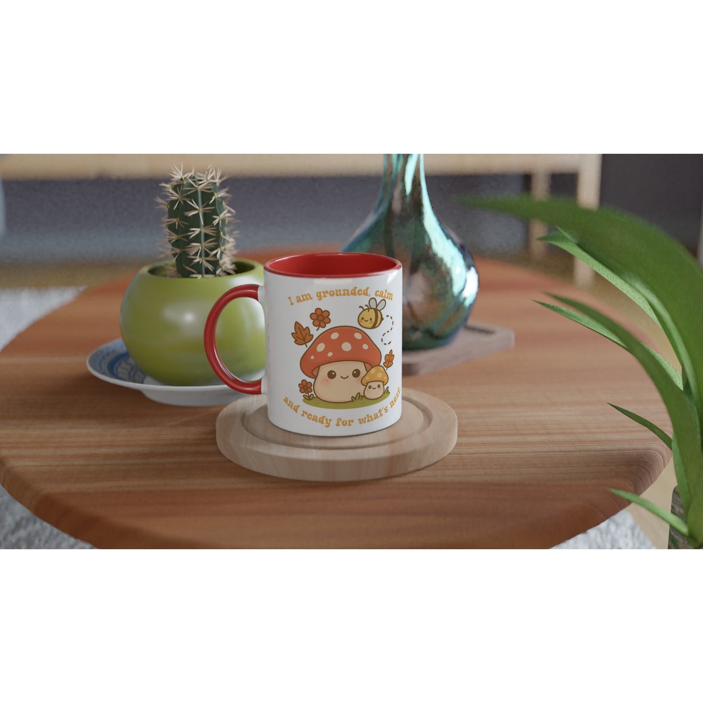 Mug with cartoon design on a wooden table with plants, Mushroom, Cottagecore
