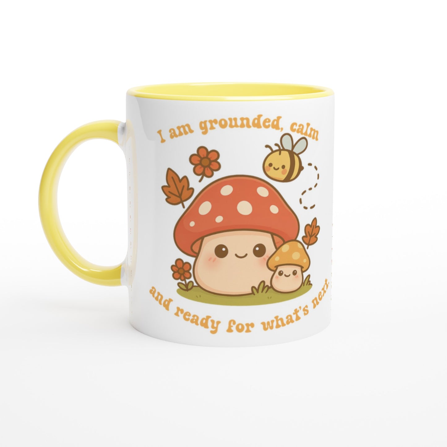 Mug with cartoon mushroom design and text on a white background