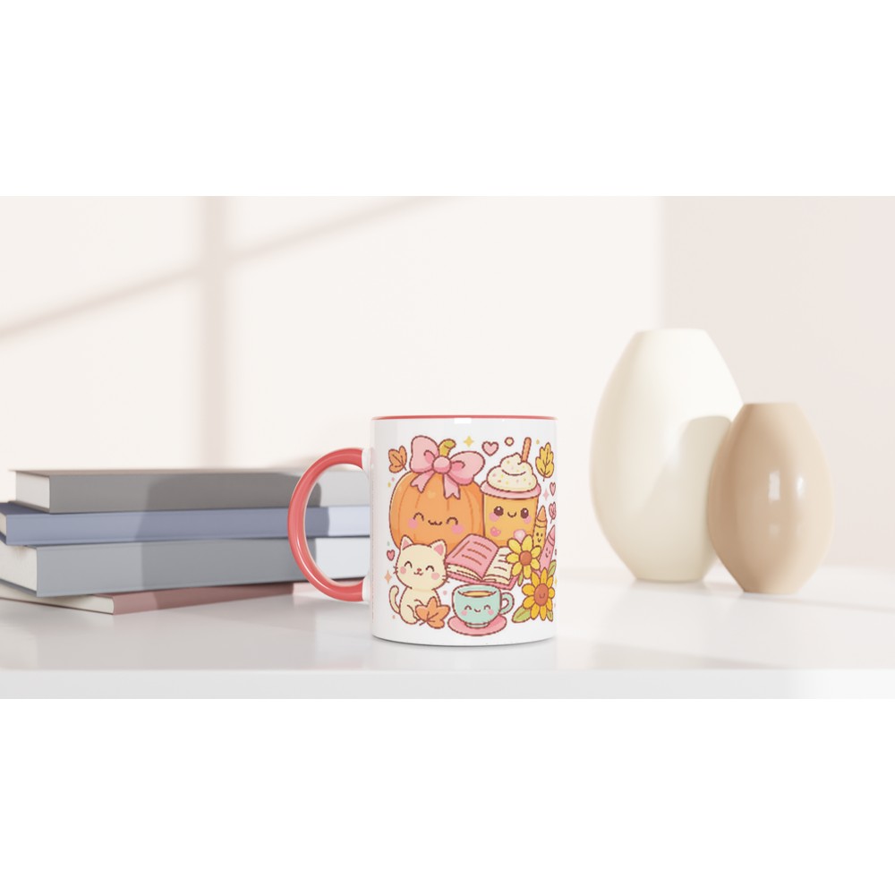 Cute mug with cartoon designs on a white surface with books and decorative items.