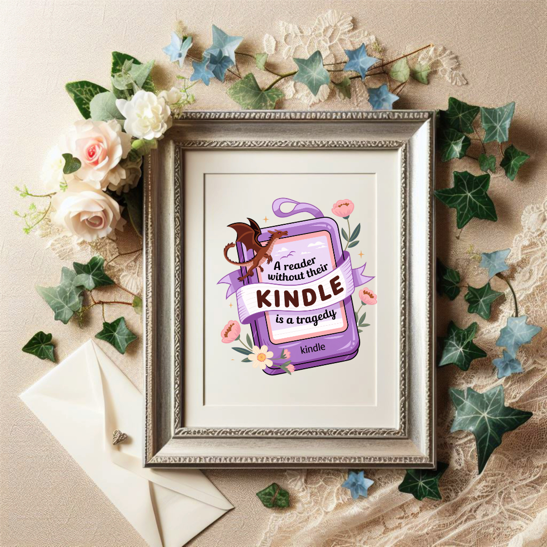 Framed artwork with 'Kindle' branding surrounded by flowers and leaves on a textured surface.