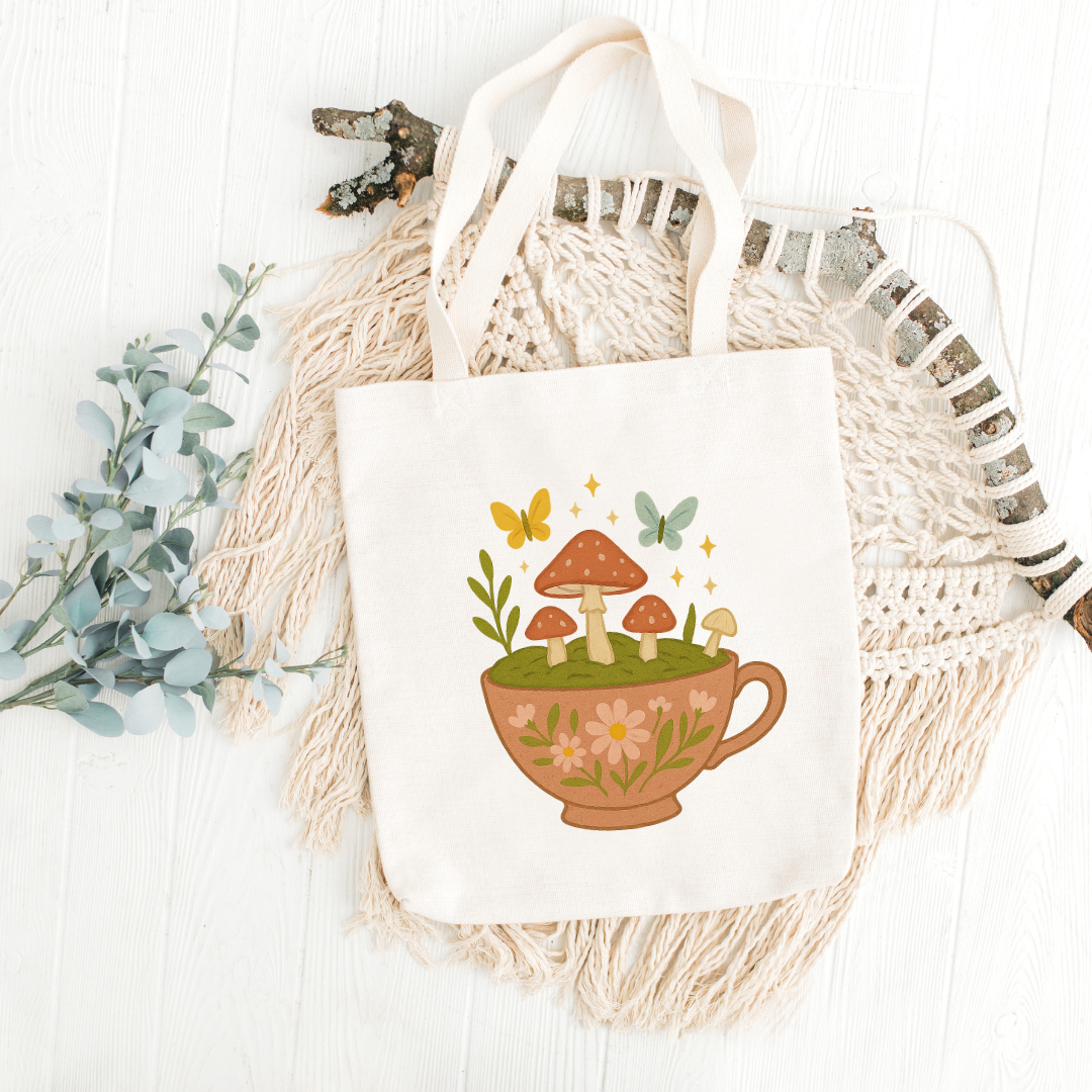 Decorative pillow with mushroom design on a woven basket with a white background