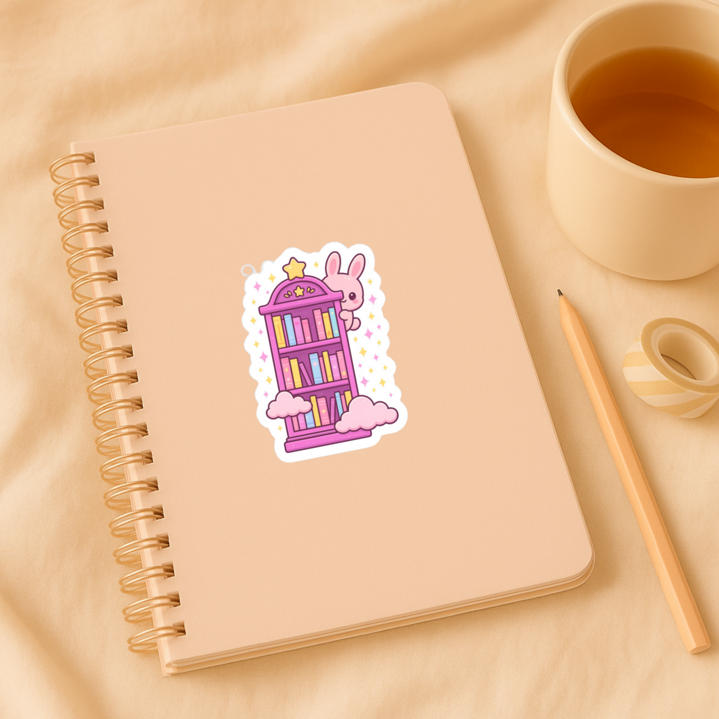 Notebook with a cute rabbit and bookshelf sticker on a beige surface with a cup of tea and pencil.