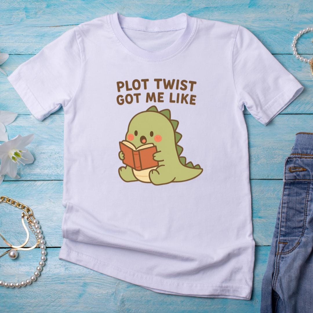 Plot Twist Got Me Like Sticker | Cute Dinosaur Reading PNG | Bookish Digital Sticker for GoodNotes, Kindle, iPad | Funny Book Lover Download