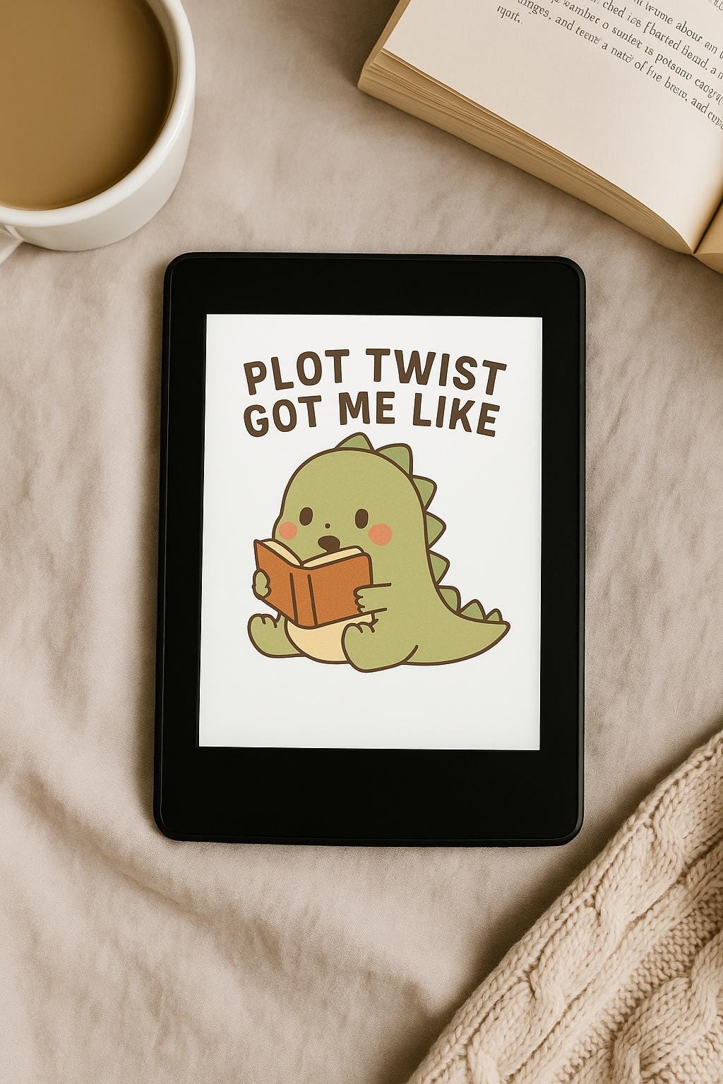 Plot Twist Got Me Like Sticker | Cute Dinosaur Reading PNG | Bookish Digital Sticker for GoodNotes, Kindle, iPad | Funny Book Lover Download