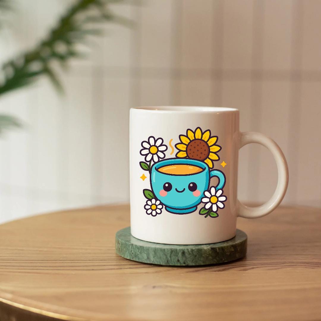 Blue Kawaii Tea Cup Sticker PNG | Cute Digital Mug with Sunflower & Daisies | Cozy Digital Sticker for GoodNotes, Planners, iPad, Bookish De