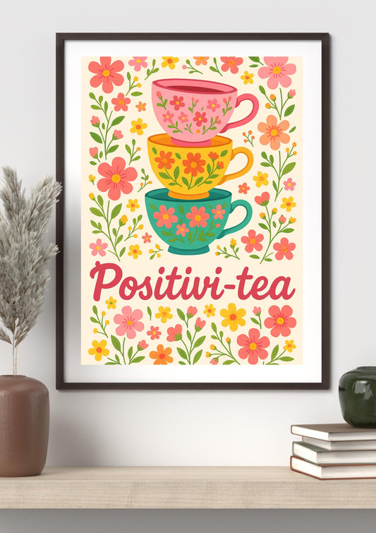 Positivi-tea Wall Art Printable | Floral Tea Cup Poster PNG | Motivational Quote Kitchen Art | Digital Download for Tea Lovers