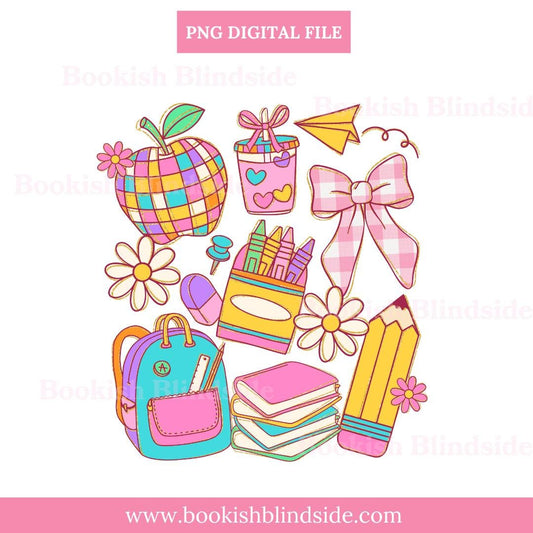 Kawaii School Sticker PNG Bundle | Back to School Digital Download | Cute Teacher Supplies Clipart | Crayon Apple Books Pencil Art | PNG