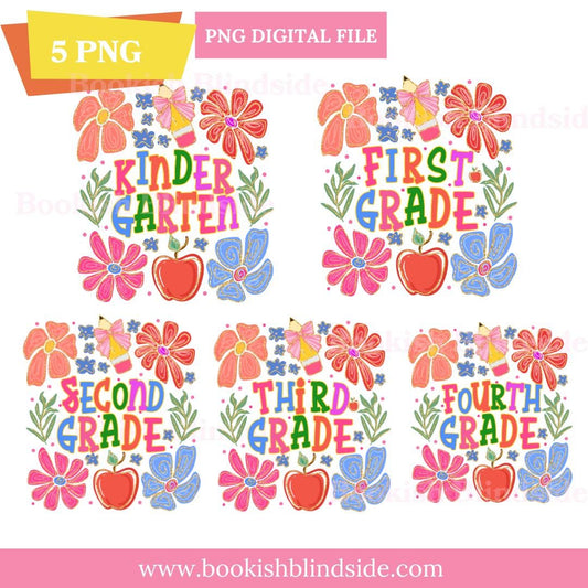 5 Grade Level PNG Bundle | Kindergarten to Fourth Grade | Back to School Digital Downloads | Floral Classroom Decor | Instant PNG Files