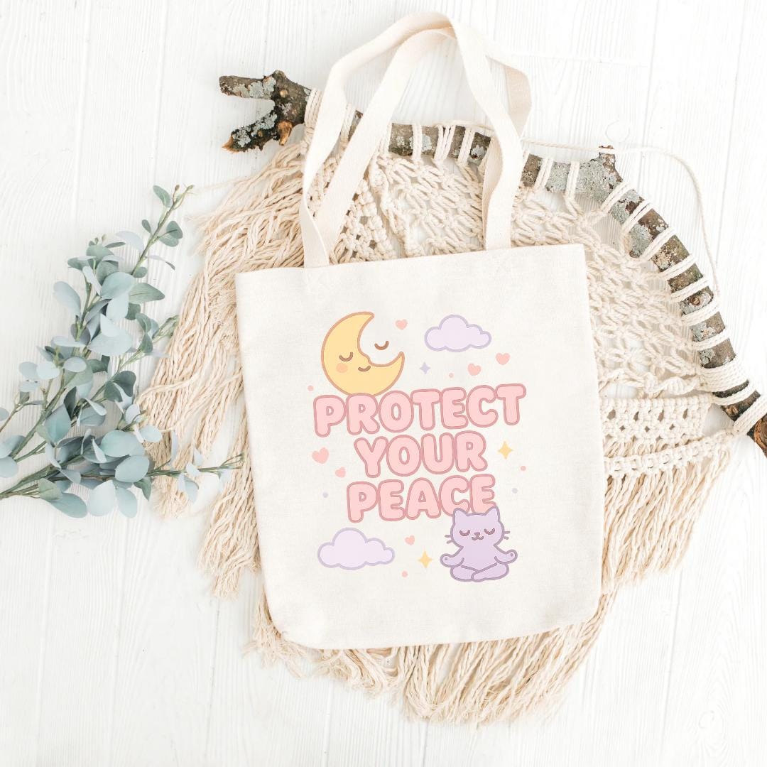 Protect Your Peace PNG | Kawaii Cat Self-Care Digital Sticker | Moon & Cloud Affirmation Sublimation | Instant Download Clipart