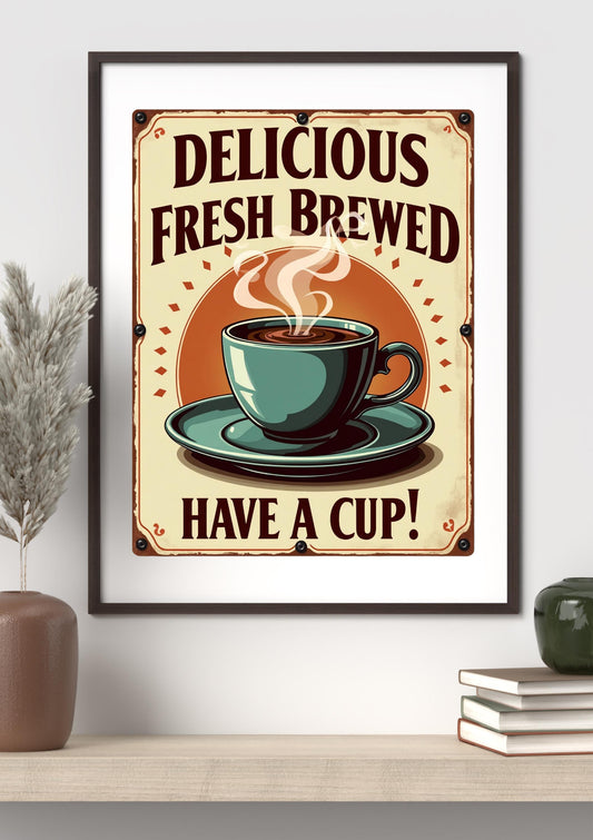 Vintage Coffee Poster Printable | Retro “Delicious Fresh Brewed” Wall Art | Kitchen Cafe Decor | Digital Download | Coffee Bar Sign