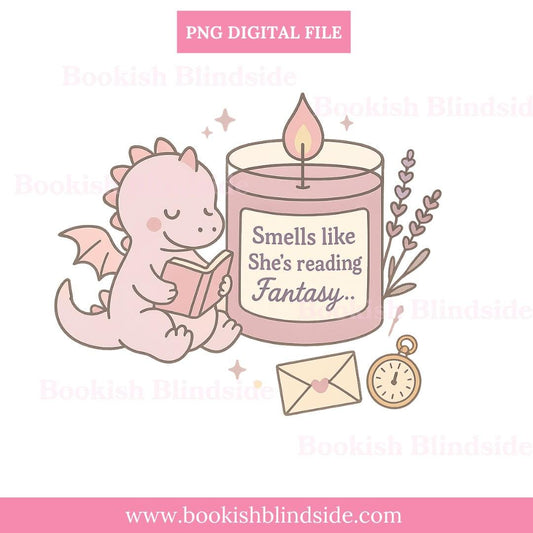 Smells Like She’s Reading Fantasy PNG – Cute Pink Dragon Bookish Digital Sticker | Fantasy Candle Clipart for GoodNotes Kindle | Book Lover
