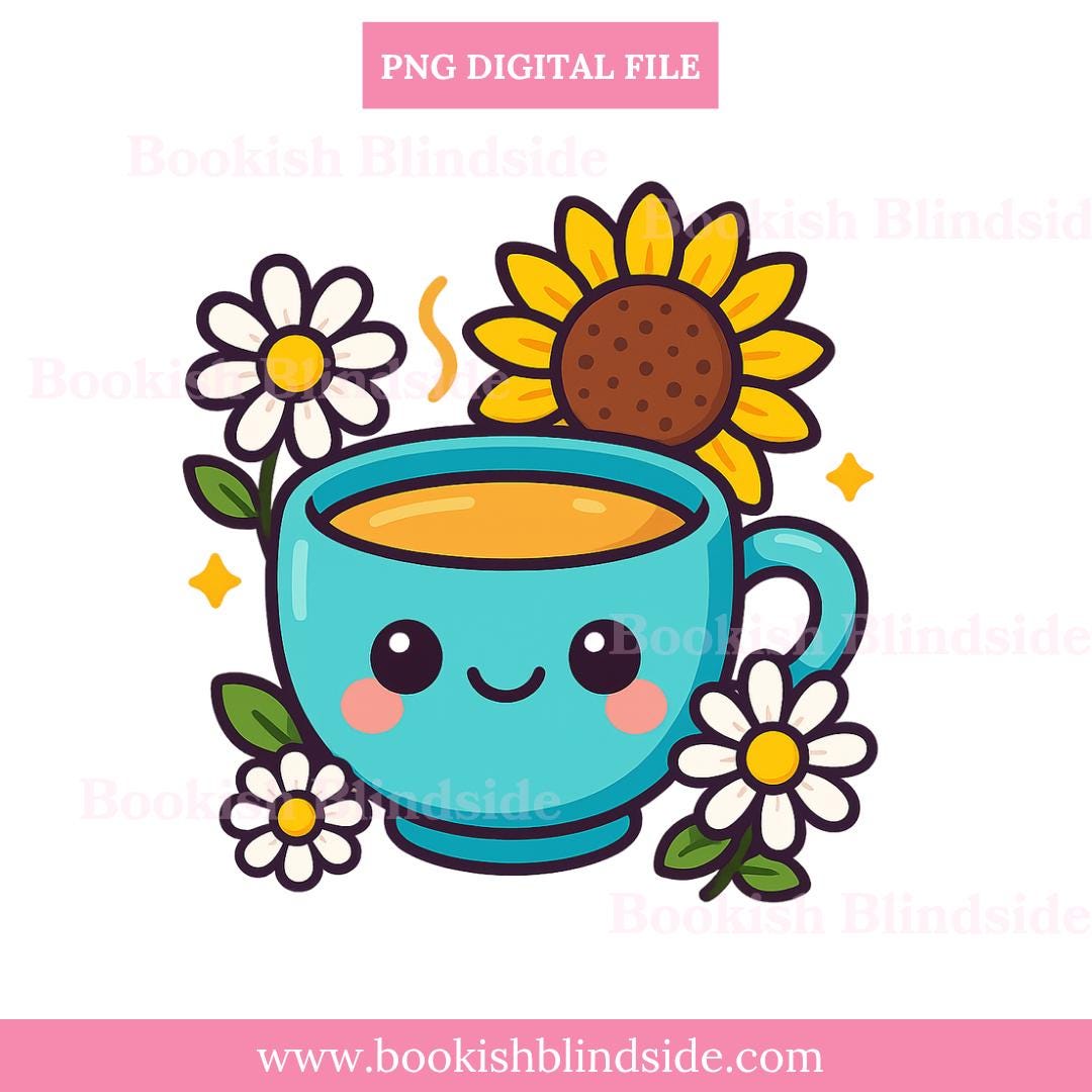 Blue Kawaii Tea Cup Sticker PNG | Cute Digital Mug with Sunflower & Daisies | Cozy Digital Sticker for GoodNotes, Planners, iPad, Bookish De