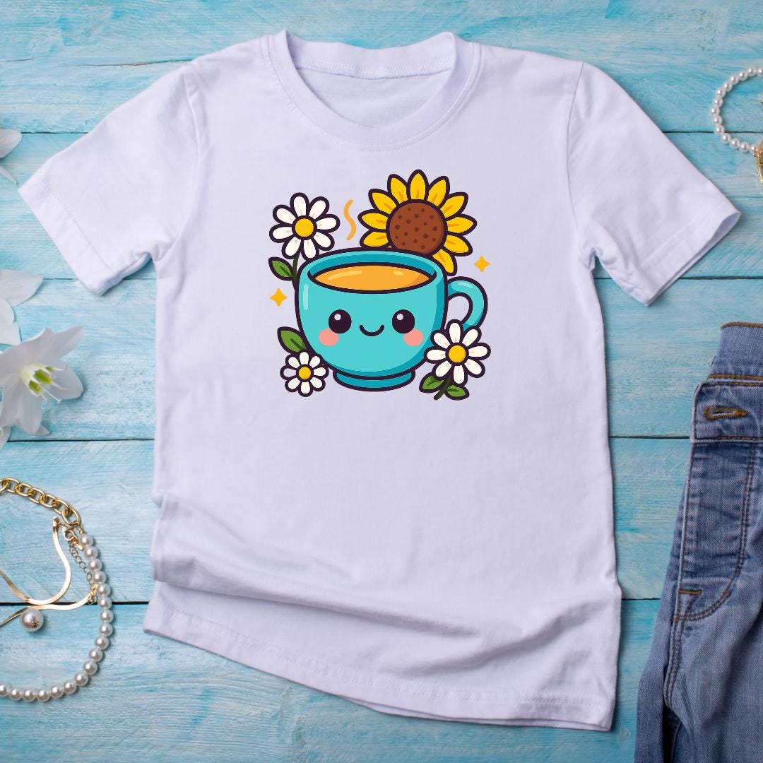 Blue Kawaii Tea Cup Sticker PNG | Cute Digital Mug with Sunflower & Daisies | Cozy Digital Sticker for GoodNotes, Planners, iPad, Bookish De