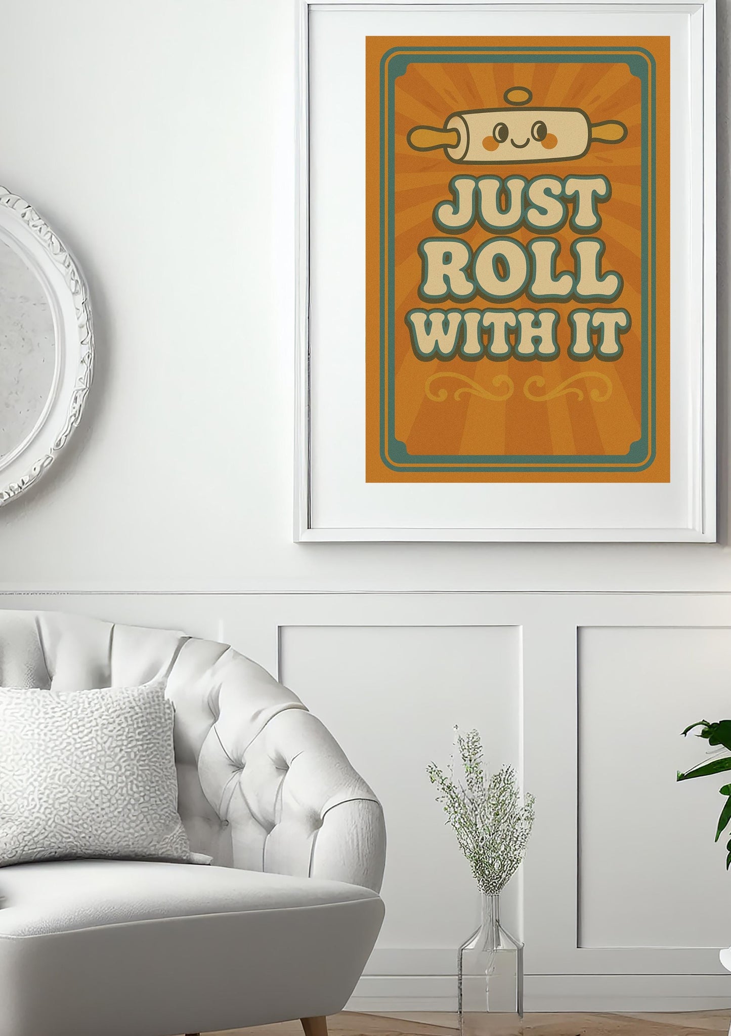 Just Roll With It Wall Art | Retro Kitchen Printable | Funny Baking Quote PNG | Vintage Rolling Pin Poster | Cute Kitchen Decor Download