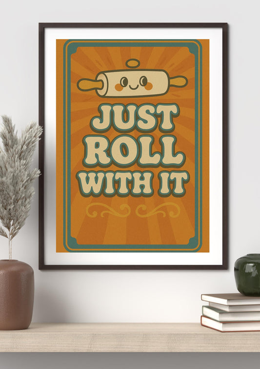Just Roll With It Wall Art | Retro Kitchen Printable | Funny Baking Quote PNG | Vintage Rolling Pin Poster | Cute Kitchen Decor Download
