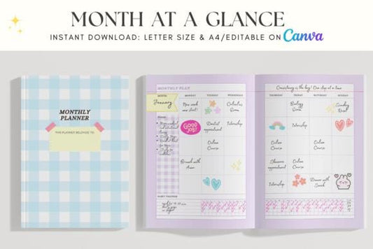 Cute Monthly Planner Template | Editable on Canva | A4 & Letter Size | Kawaii Journal Printable | Digital Download for Organization