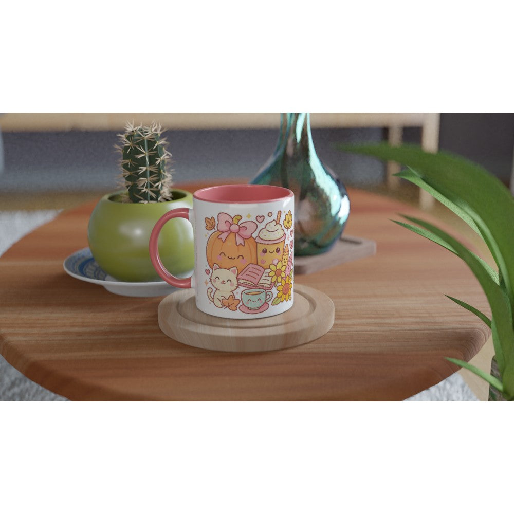 Cute mug with cartoon design on a wooden table with decorative items.