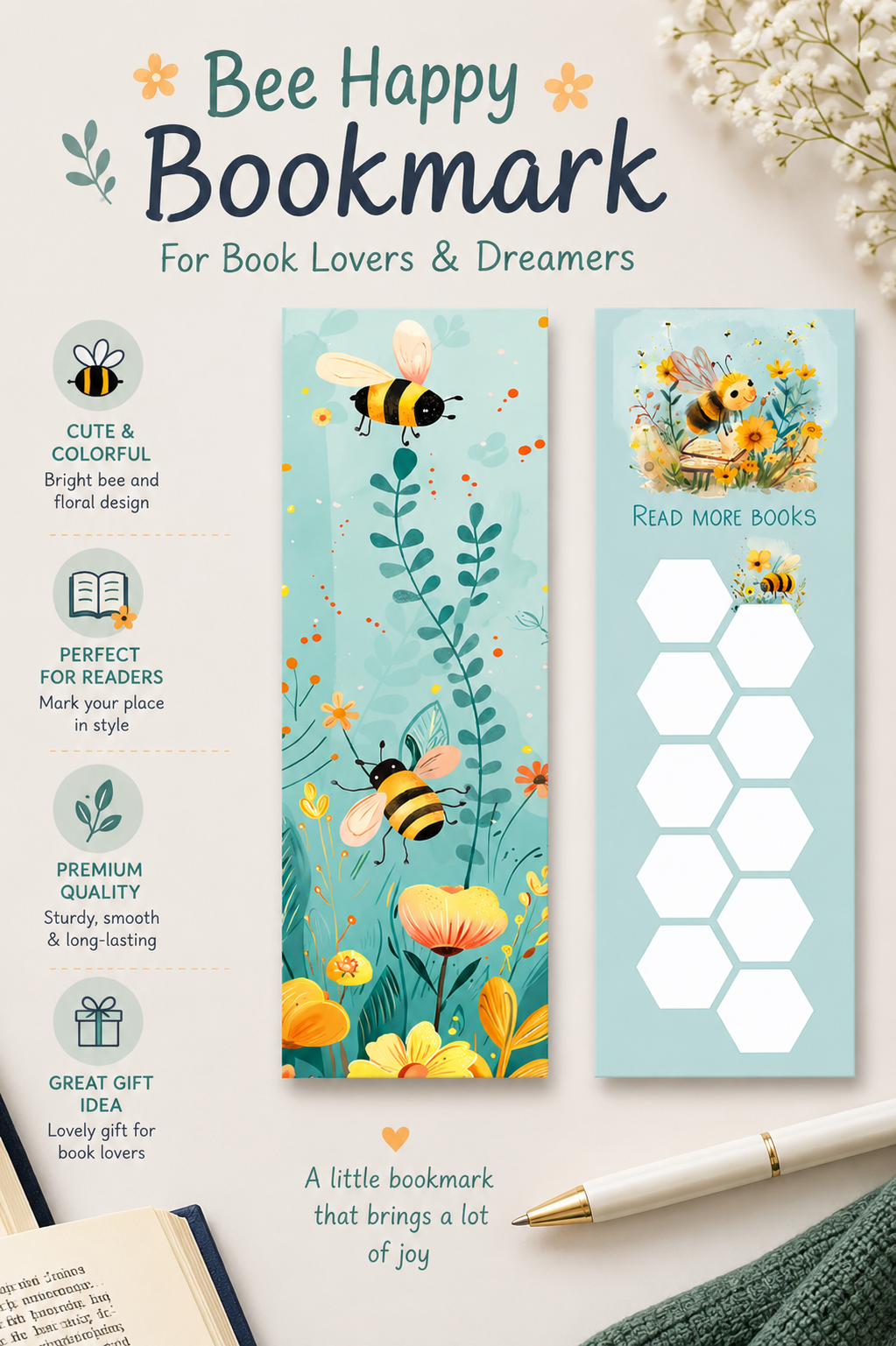 Bee-themed bookmark with flowers and text on a light background