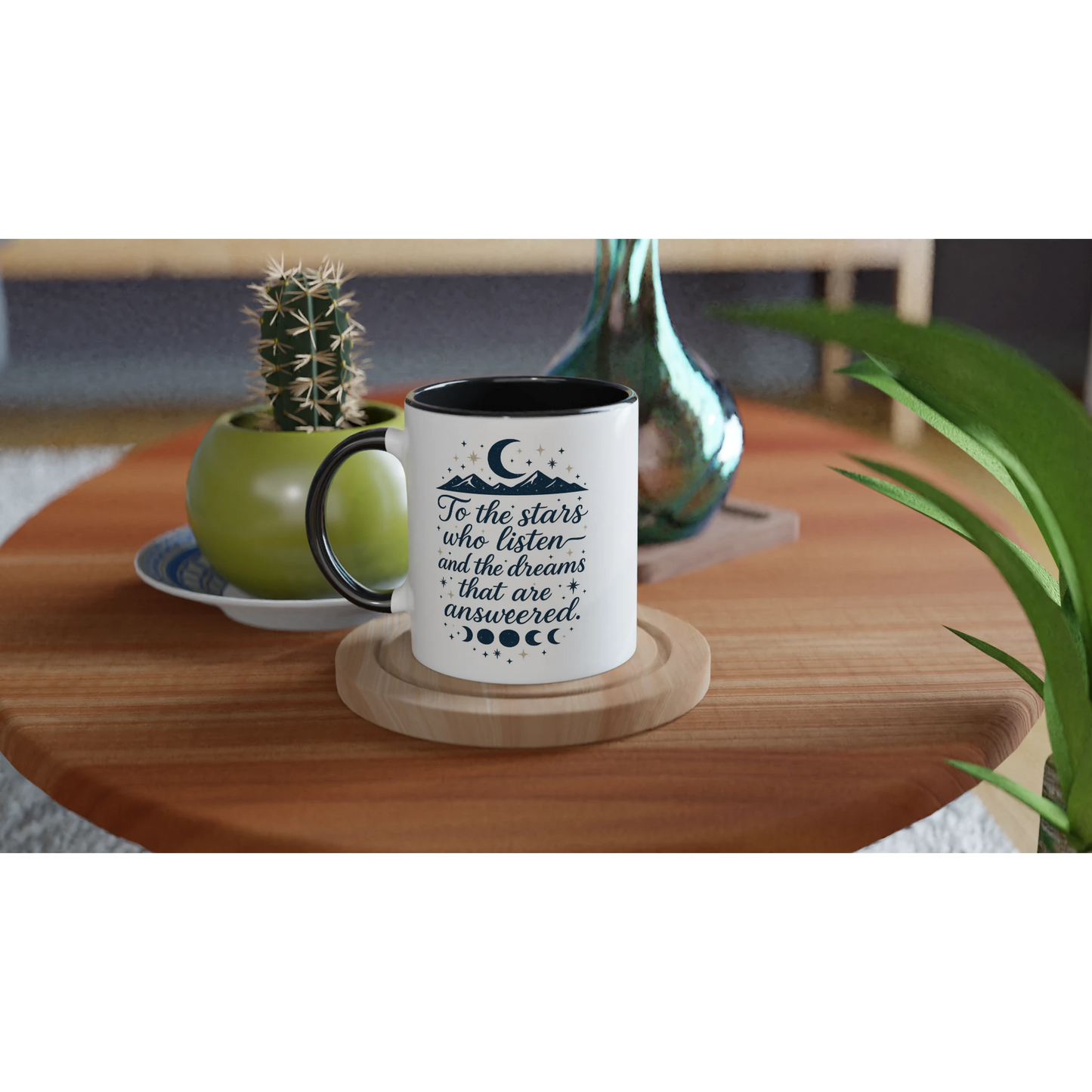 Bookish ACOTAR-inspired mug with quote 'To the stars who listen and the dreams that are answered' in navy with moon phases and stars – fantasy gift for readers"
