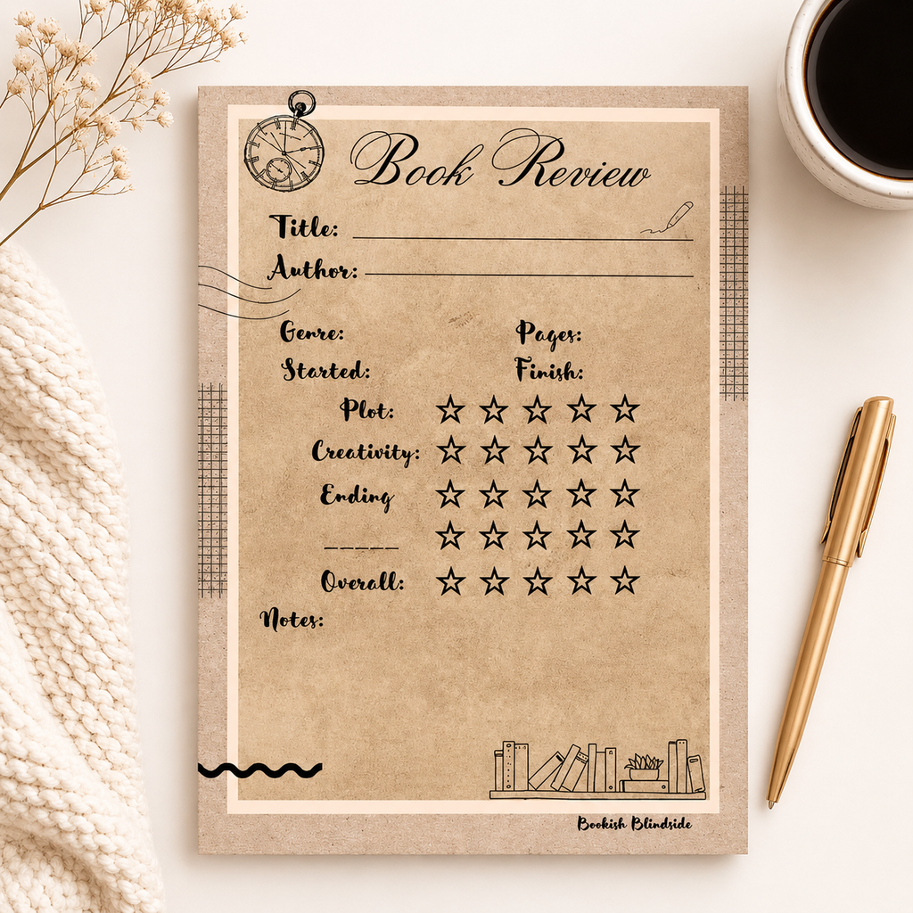 Book review form on a textured surface with a pen and coffee cup.