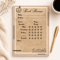 Book review form on a textured surface with a pen and coffee cup.
