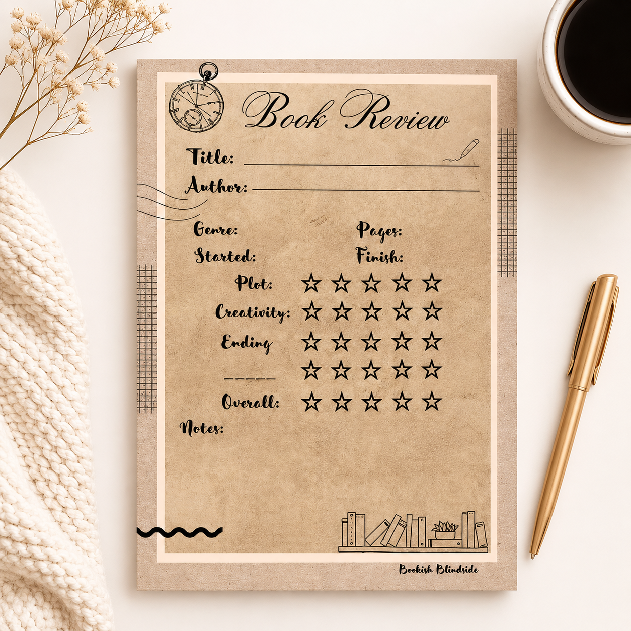 Book review form on a textured surface with a pen and coffee cup.