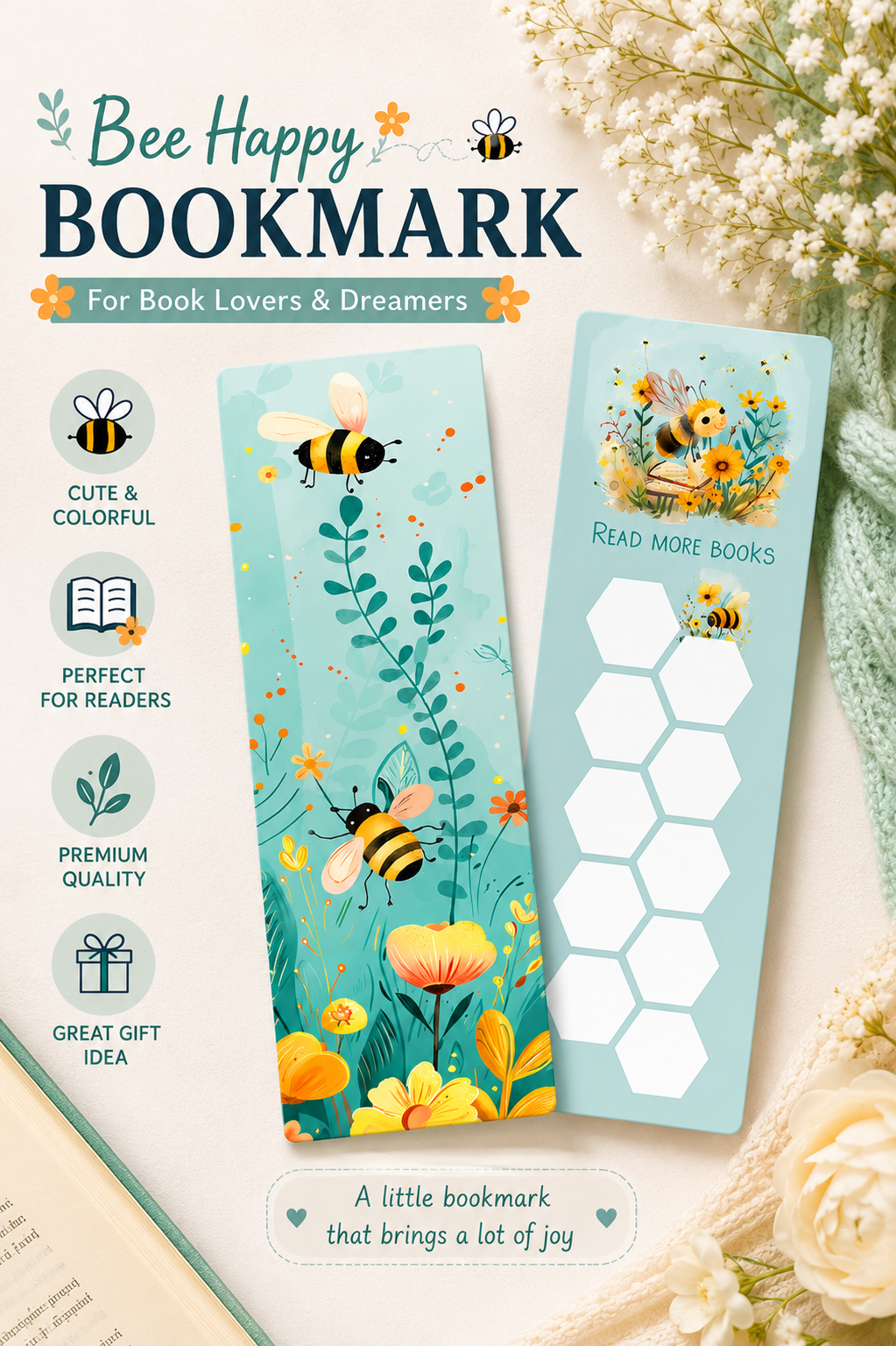 Two colorful bookmarks with bee designs on a light background
