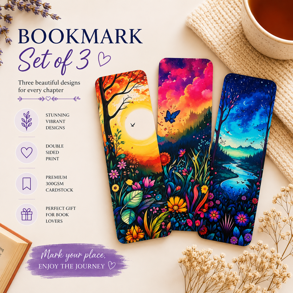 Three colorful bookmarks with nature-themed designs on a light surface with a cup of tea and flowers.