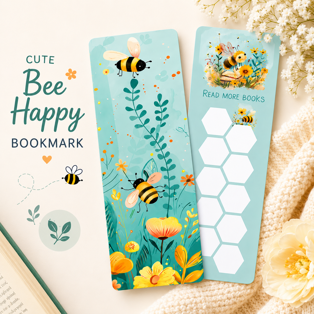 Cute bee-themed bookmarks with floral designs on a light background.