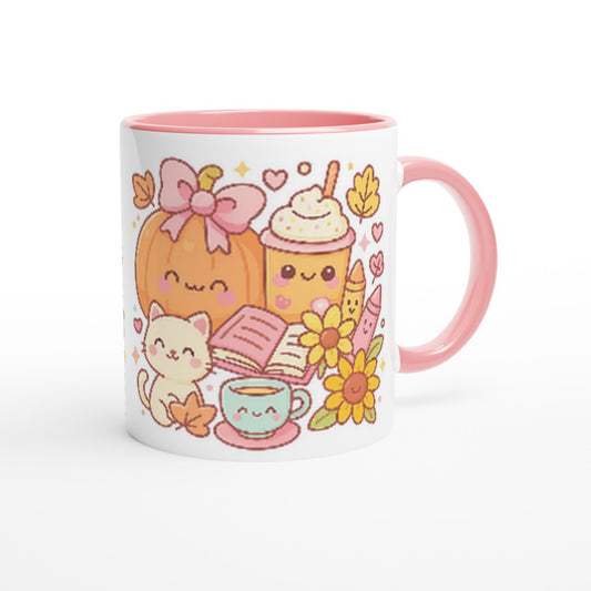 Cute illustrated mug with a pink handle featuring pumpkins, a cat, and other elements on a white background.