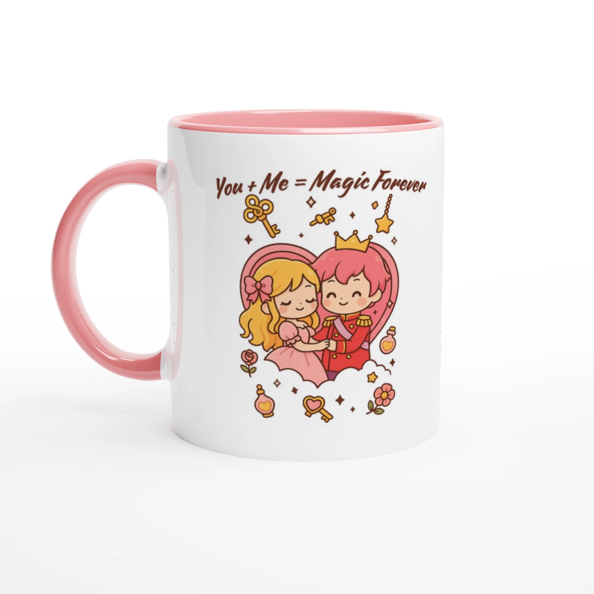 "Kawaii fairytale mug with pink handle featuring prince and princess holding hands inside a heart, with quote 'You + Me = Magic Forever' – cute couple gift for her"

