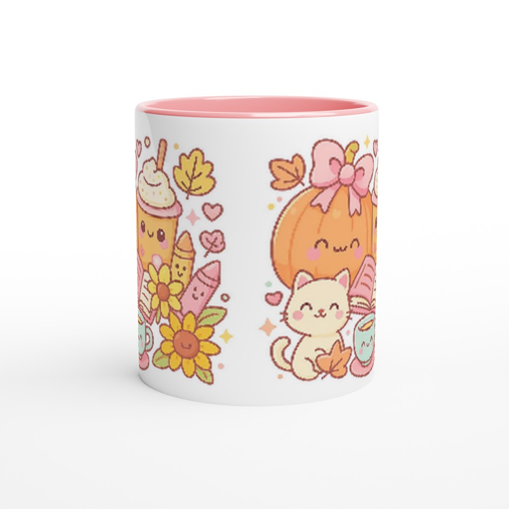Cute mug with cartoon designs including a cat, pumpkin, and ice cream on a white background
