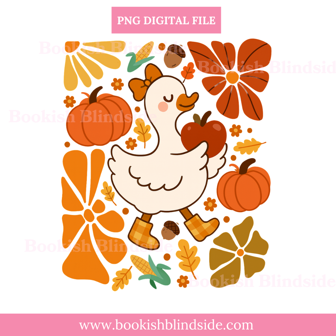 Illustration of a duck with pumpkins, leaves, and apples on a white background with 'Bookish Blinds' branding.