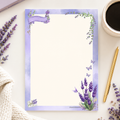 Notebook with lavender design on a table with coffee and pen