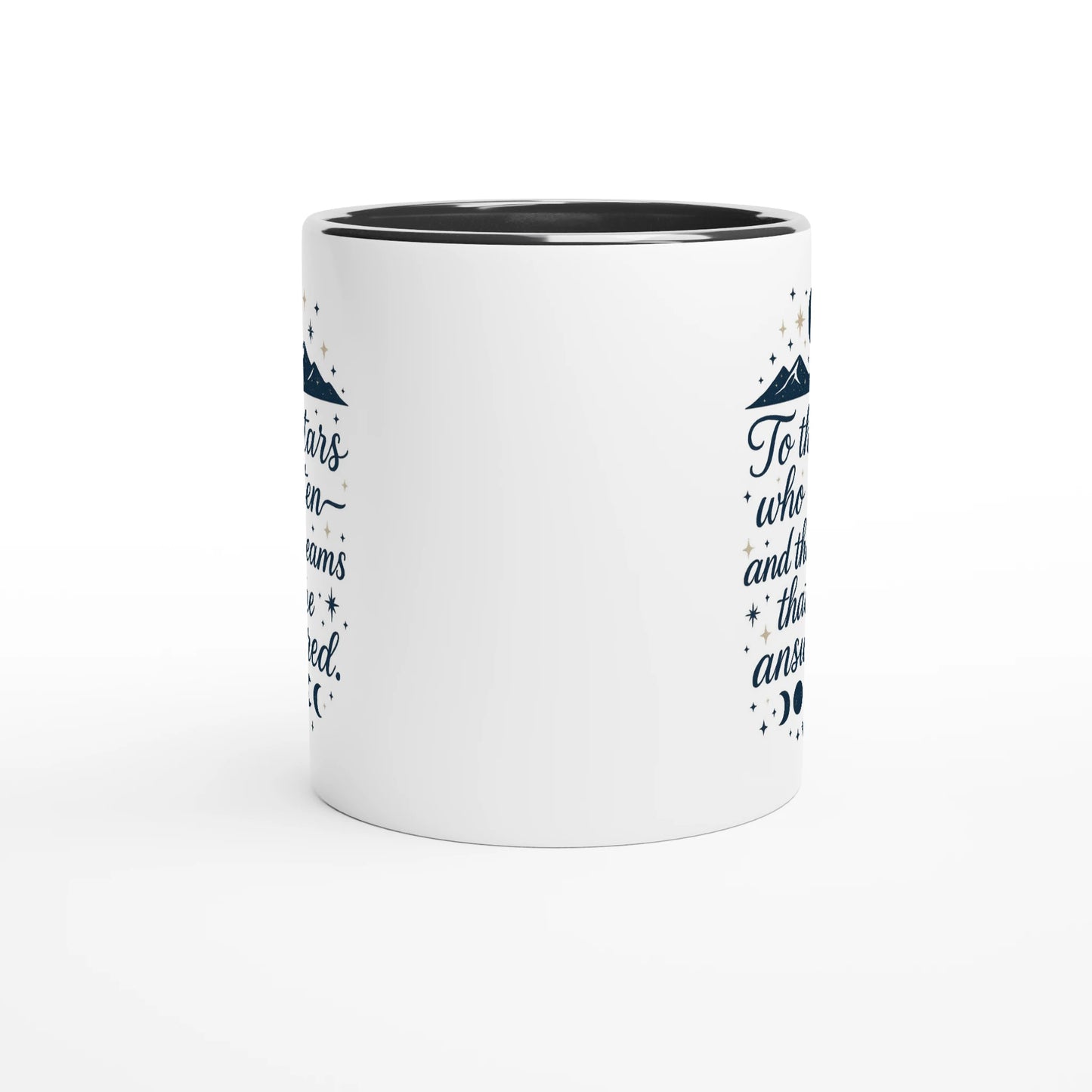 Bookish ACOTAR-inspired mug with quote 'To the stars who listen and the dreams that are answered' in navy with moon phases and stars – fantasy gift for readers"