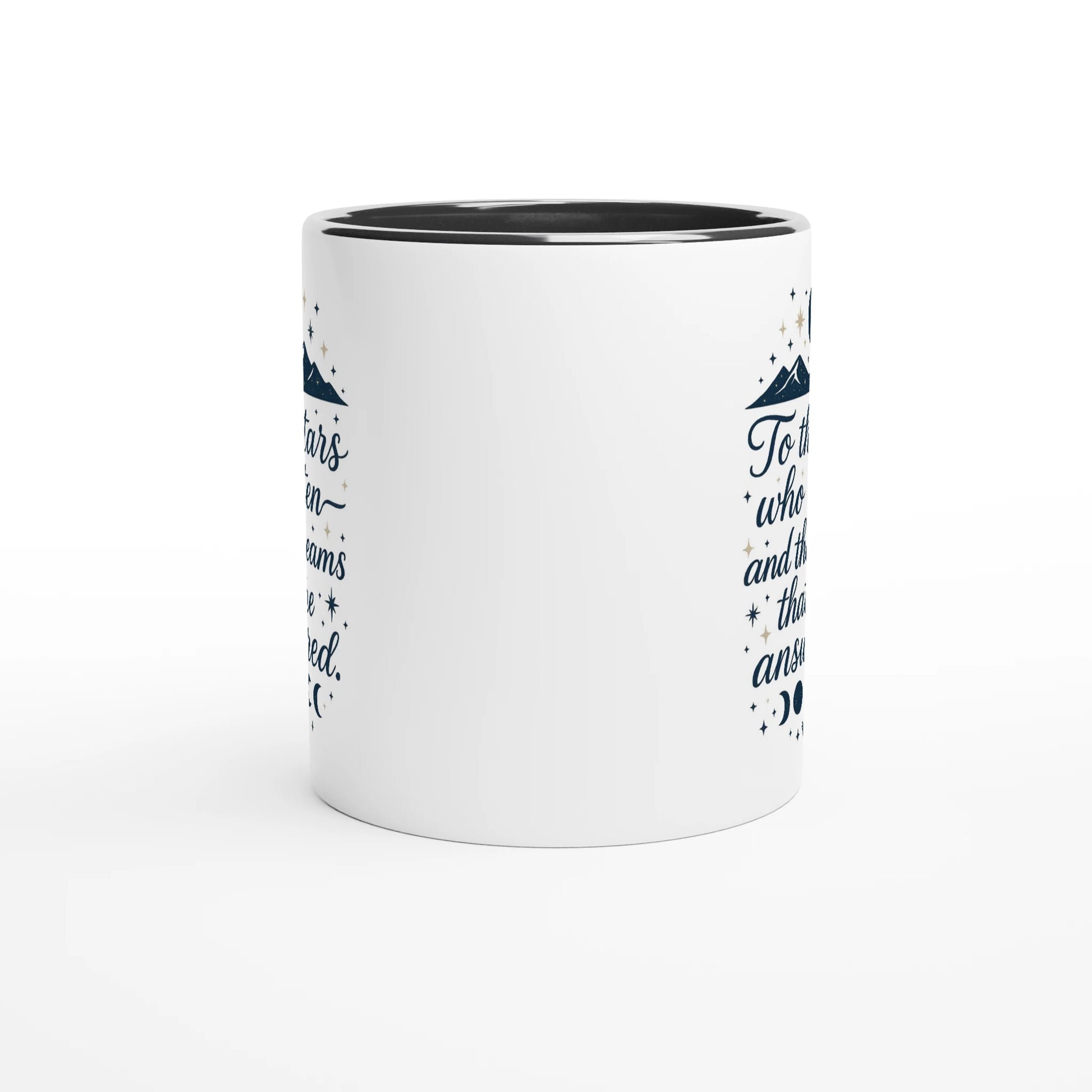 Bookish ACOTAR-inspired mug with quote 'To the stars who listen and the dreams that are answered' in navy with moon phases and stars – fantasy gift for readers"
