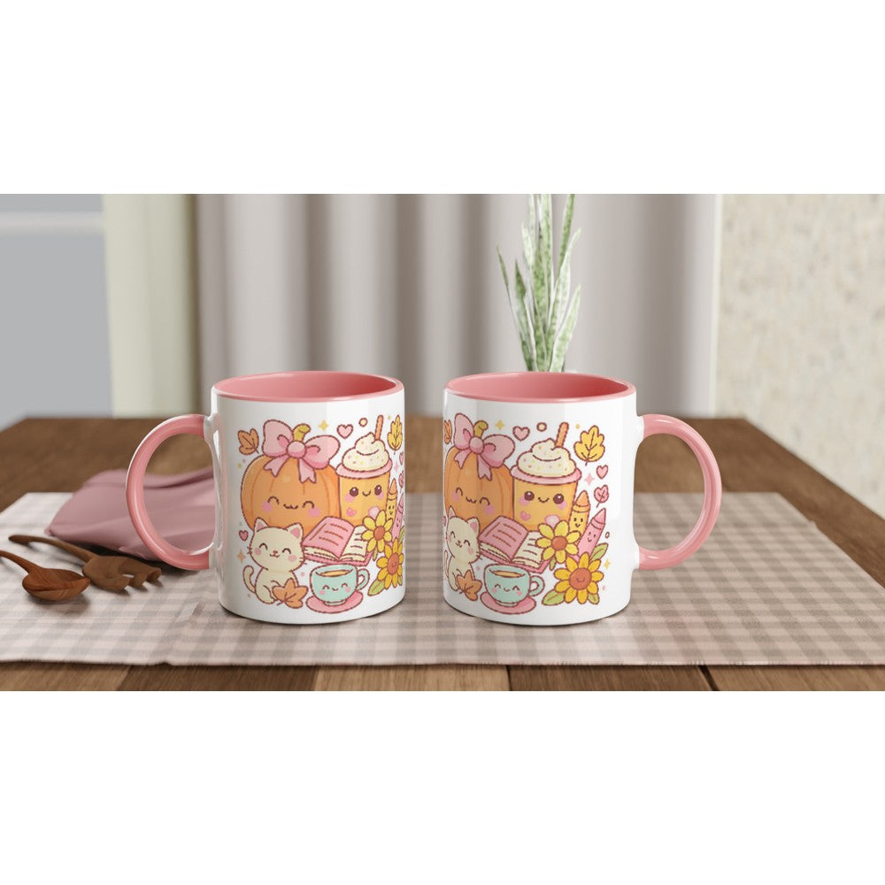 Two mugs with pink interiors on a wooden table with a checkered tablecloth.