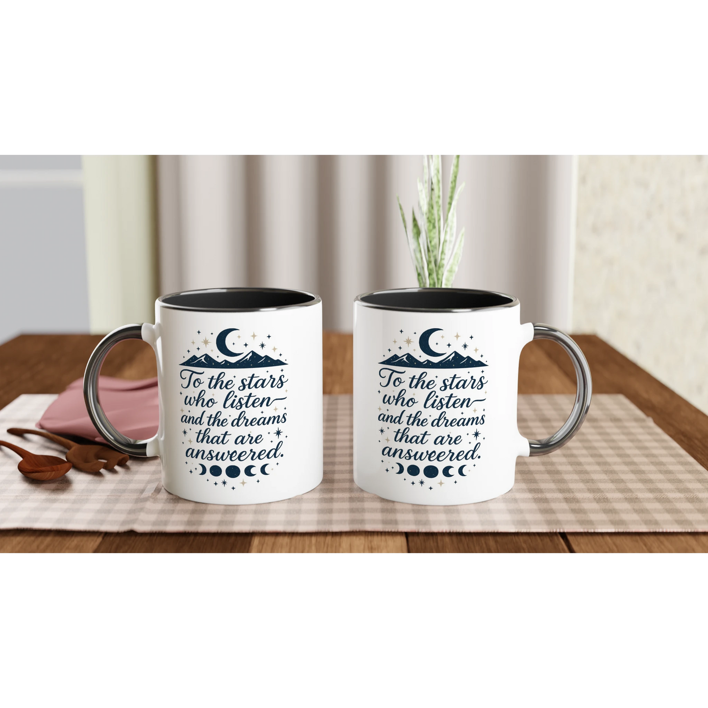 Bookish ACOTAR-inspired mug with quote 'To the stars who listen and the dreams that are answered' in navy with moon phases and stars – fantasy gift for readers"