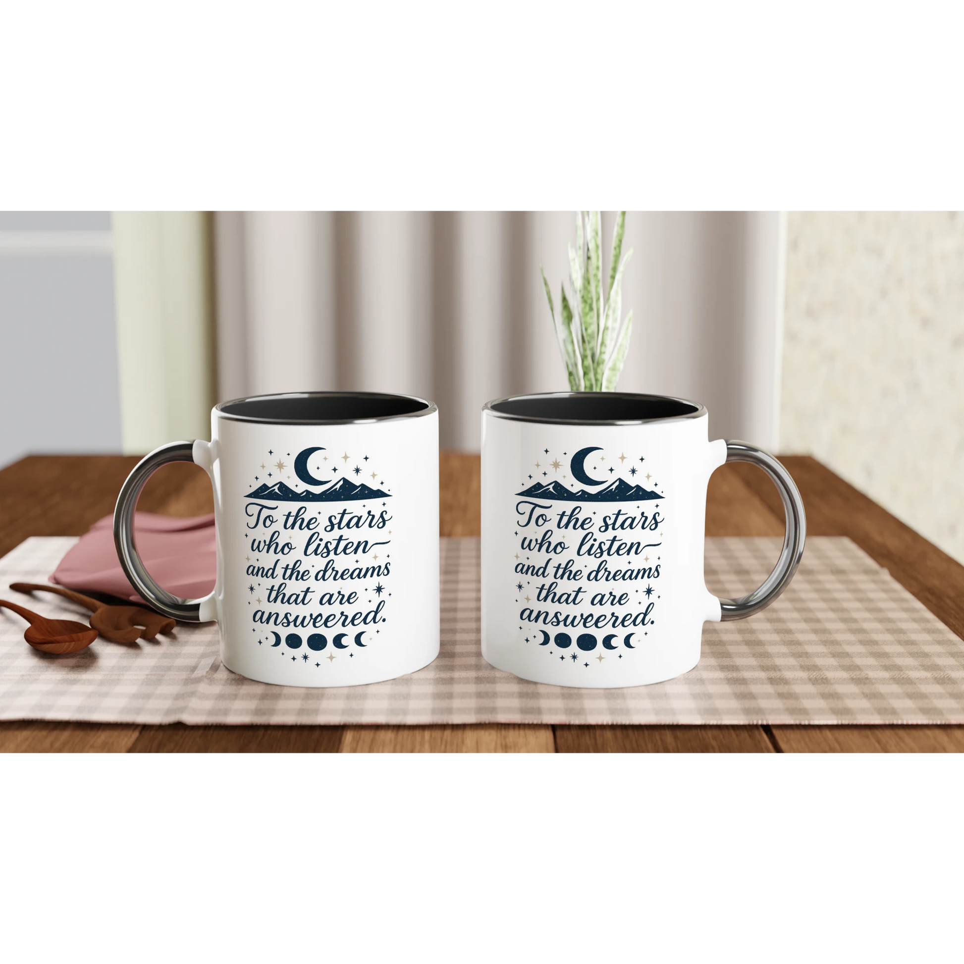 Bookish ACOTAR-inspired mug with quote 'To the stars who listen and the dreams that are answered' in navy with moon phases and stars – fantasy gift for readers"