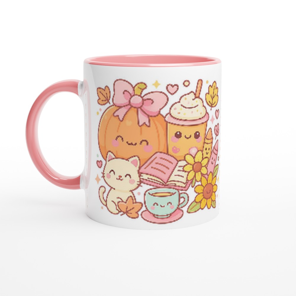Mug with cartoon designs of a cat, pumpkin, and ice cream on a white background
