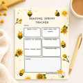 Reading sprint tracker with bee and sunflower design on a white surface with a pen and cup of tea.