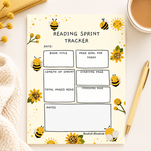 Reading sprint tracker with bee and sunflower design on a white surface with a pen and cup of tea.