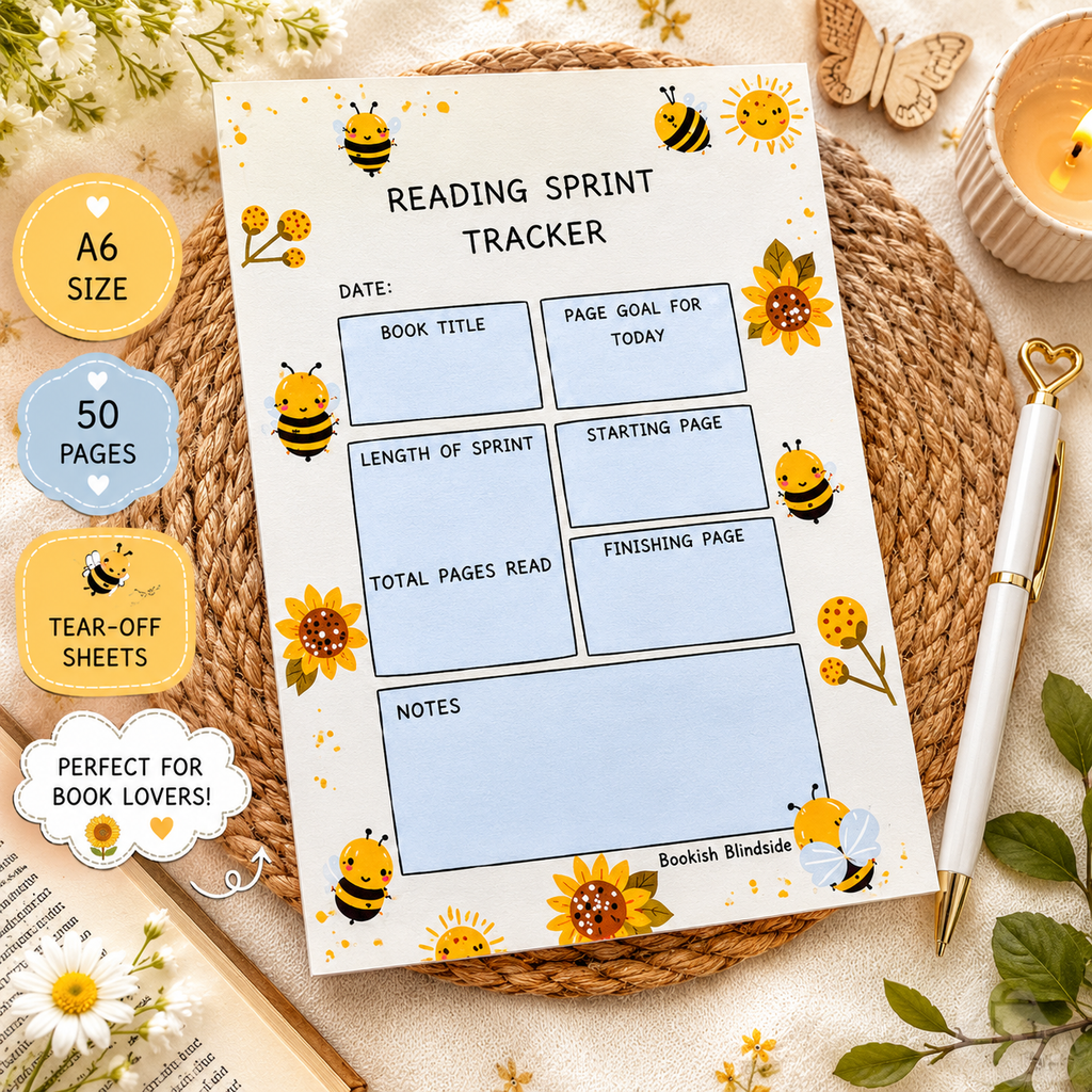 Reading sprint tracker with bee and sunflower design on a textured surface with decorative elements.
